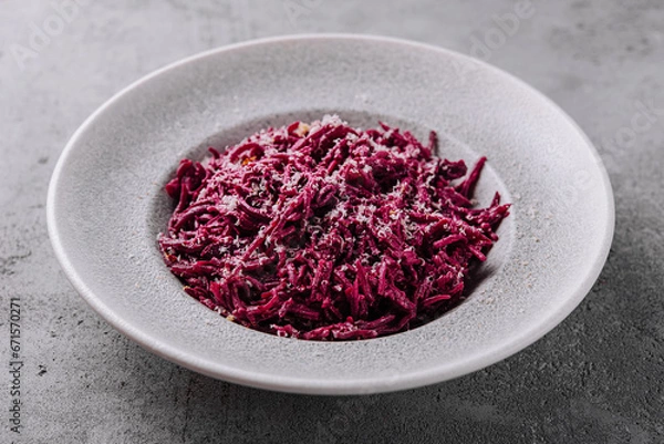 Fototapeta Beetroot salad in bowl top view