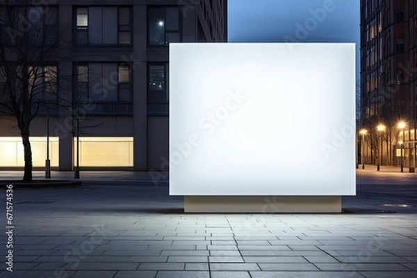 Obraz Pusty biały billboard reklamowy z budynkami mieszkalnymi w tle. 