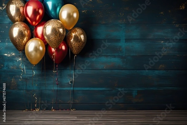 Obraz Kolorowe błyszczące balony na tle ciemnoniebieskiej ściany. 