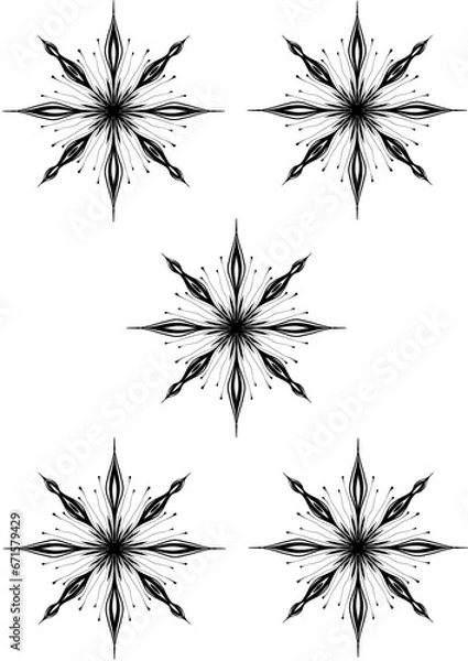 Fototapeta Five black and white snowflakes with thin black outlines with four long and four shorter rays on a white background, one in the center of the screen and two at the top and bottom edges, close-up.