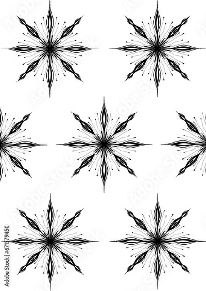 Fototapeta Seven black and white snowflakes with thin black outlines with four long and four shorter rays on a white background, one in the center of the screen and six around it, close-up. Graphic illustration.