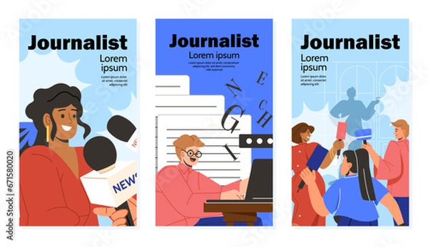 Fototapeta Journalist posters set. Man and woman write articles, create interesting conent. News and mass media staff and workers. Cartoon flat vector collecton isolated on white background