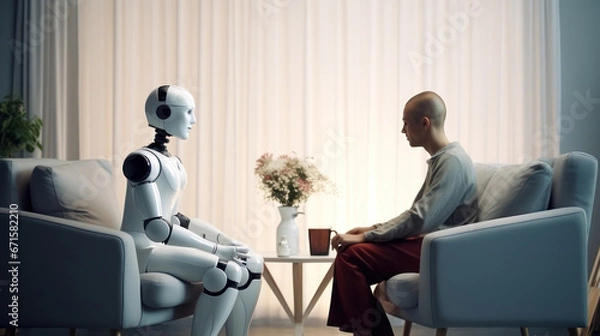 Obraz A man confides his psychological distress to her robotic assistant. Concept of psychological support thanks to AI.
