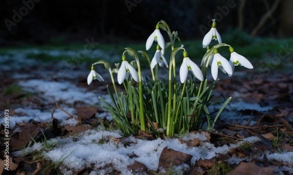 Fototapeta Beautiful snowdrop flowers growing in forest, closeup. Early spring. Selective focus, bokeh light