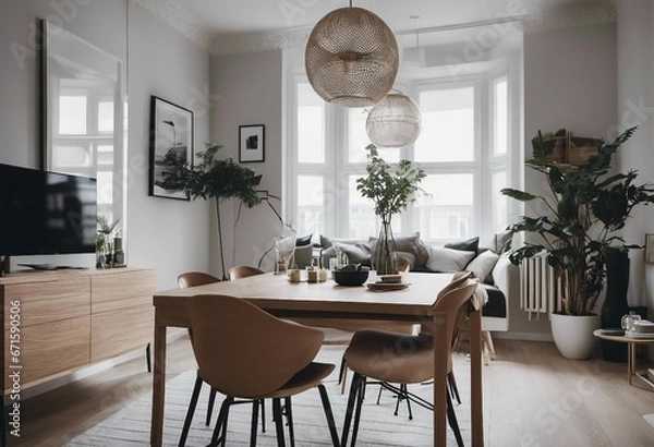Fototapeta Scandinavian studio apartment Interior design of modern living room with dining table and chairs