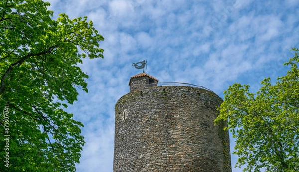 Obraz Top of the Melusine Tower dating from the early thirteenth century, According to legend, the tower was built by the fairy Melusine. Mervent-Vouvant,Vendée,FRANCE.