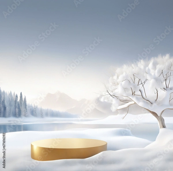 Fototapeta Empty gold podium with snowy trees, lake, nature landscape. calm and elegant winter atmosphere. Mockup for product presentation, branding, packaging, marketing, web, banner, editorial, print.