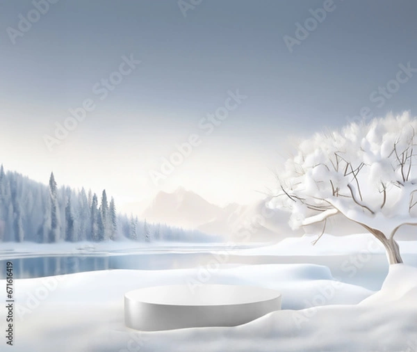 Fototapeta Empty silver white podium with snowy trees, lake, nature landscape. calm and elegant winter atmosphere. Mockup for product presentation, branding, packaging, marketing, web, banner, editorial, print.
