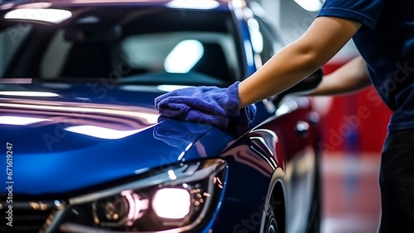 Obraz A man cleans a car with a cloth.