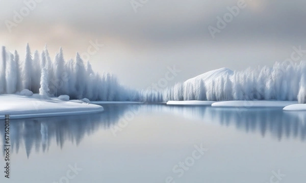 Fototapeta Nature podium landscape(wallpaper) image with snowy trees, sky, mountain, nature. Calm and elegant winter atmosphere. Mockup for product presentation, branding, packaging, marketing, web, banner.