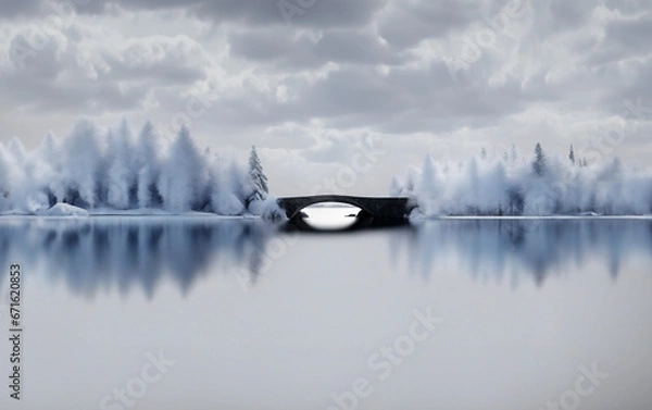 Fototapeta Nature podium landscape(wallpaper) image with snowy trees, sky, cloud, bridge, nature. Nature podium. Calm and elegant winter atmosphere. Mockup for product presentation, branding, marketing.