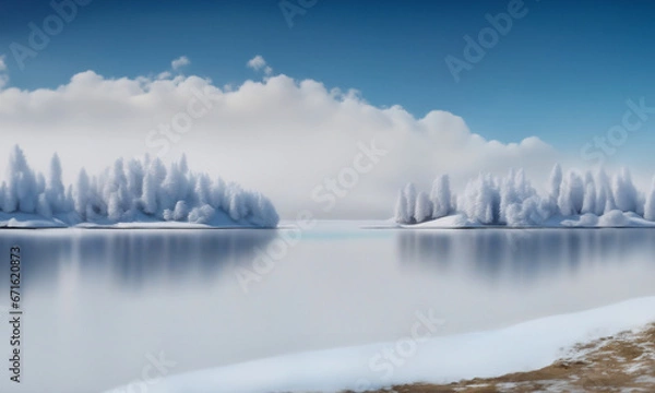 Fototapeta nature podium landscape(wallpaper) with snowy trees, blue sky, cloud, nature. Calm and elegant winter atmosphere. Mockup for product presentation, branding, marketing, web, banner, editorial, print.