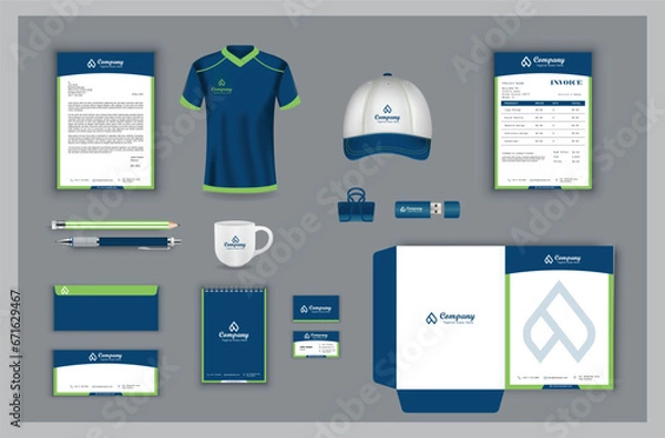 Fototapeta office business stationary set, corporate business identity with white background vector design, letter head, envelop, folder, notepad, t shirt, cap, usb, paper clip, pencil, business card, invoice