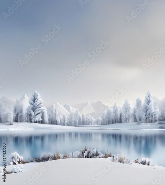 Fototapeta Empty nature podium with snowy trees, lake, and landscape. Calm and elegant winter atmosphere.