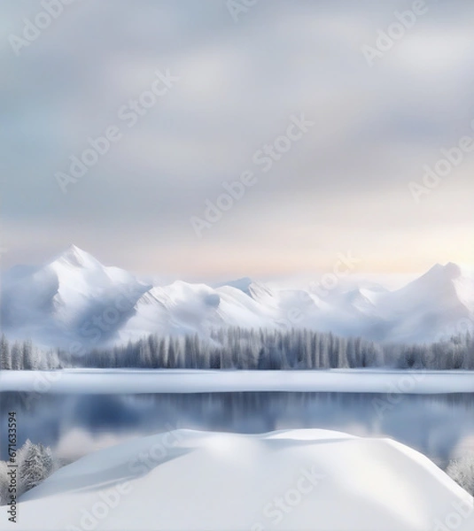 Fototapeta Empty nature podium with snowy trees, lake, and panoramic landscape. Calm and elegant winter atmosphere. Mockup for product presentation, branding, packaging, marketing, web, banner, editorial, print.