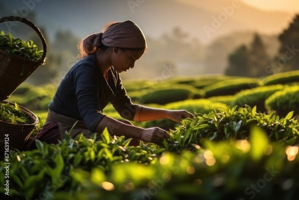 Fototapeta A woman harvests tea leaves at a tea plantation