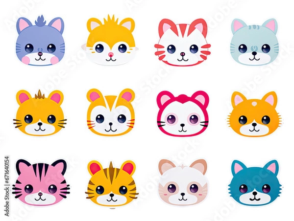 Fototapeta Set of fun kawaii kitten stickers for decoration of all kinds on a transparent background.