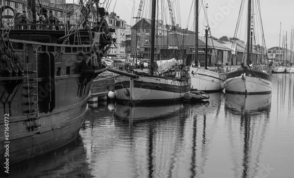 Obraz Black and white photo of frigates at docks, Brittany, FRANCE.