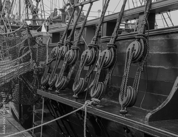 Obraz Black and white photo of rope fasteners on the hull of a Corsair frigate, Brittany, FRANCE.