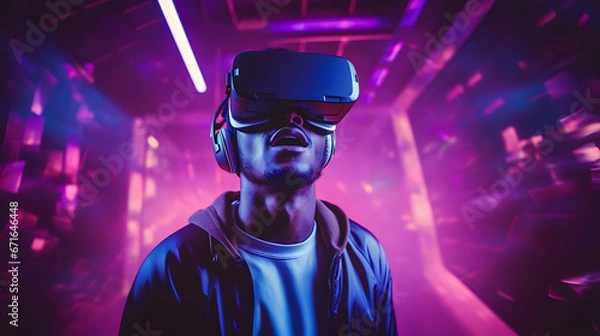 Obraz Black guy wearing a VR headset having a virtual reality experience inside a vaporwave gaming room with purple neon lights, looking amazed