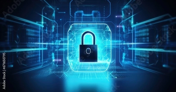 Obraz padlock hologram emanating bright neon blue light, casting shadows over a futuristic control panel