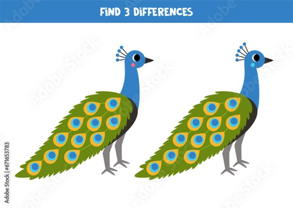Obraz Find 3 differences between two cute cartoon peafowls.