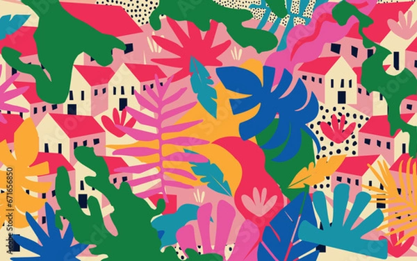 Fototapeta Colorful flowers and leaves poster background vector illustration. Exotic plants, branches, flowers and leaves art print for beauty, fashion and natural products, spa and wellness, wedding and events	