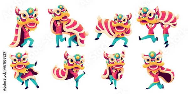 Fototapeta Vector Charactes Chinese New Year Lion Dances Set Illustration Isolated