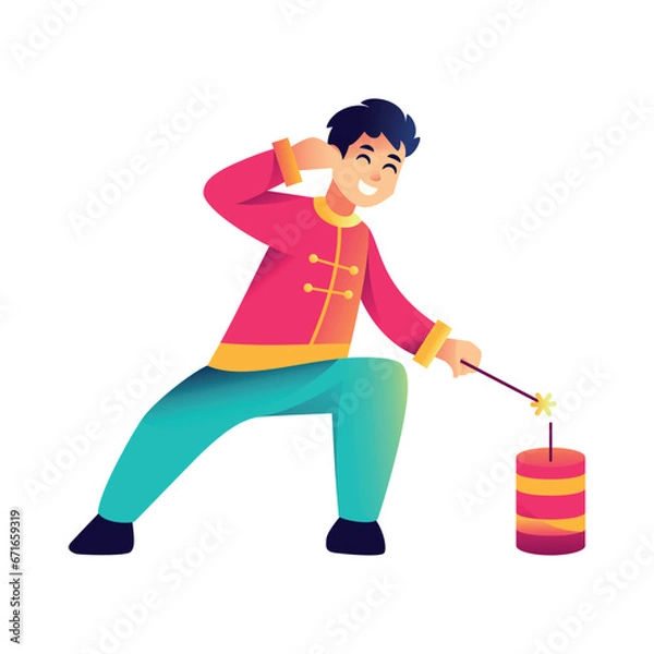 Fototapeta Vector Chinese New Year Boy Firecracker Illustration Isolated