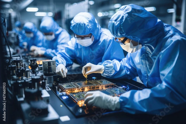 Fototapeta Engineers assemble the semiconductor - the symbol of National Technology Day