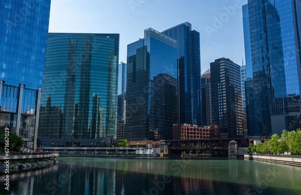 Fototapeta Chicago Riverwalk, Skyscraper with Reflections