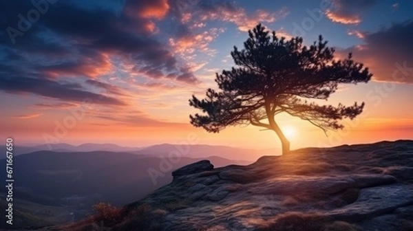 Fototapeta Alone tree on the mountain hill cliff in the forest at the sunset or evening time.