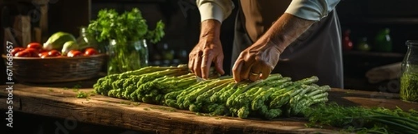 Fototapeta The chef cuts the asparagus sprouts on a cutting board, and the healthy greens are prepared. Processing and preparation Diet food for consumption, vegetarian menu