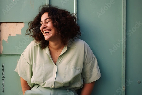 Fototapeta Generative ai portrait of beautiful mixed race woman plus size laughing positive having fun
