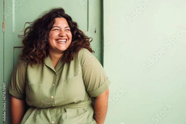 Fototapeta Generative ai portrait of beautiful mixed race woman plus size laughing positive having fun