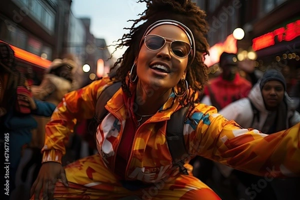 Fototapeta In a lively urban square, a confident plus-size woman energetically exercises. Surrounded by people and city lights