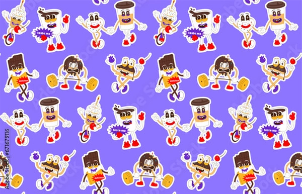 Fototapeta Seamless pattern with stickers of sweets. Vector background with cute chocolate, coffee and donut characters in retro cartoon style.