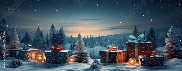 Obraz Christmas background with gift boxes in snow landscape, Winter Gift boxs on Christmas tree Background for use wallpaper etc.