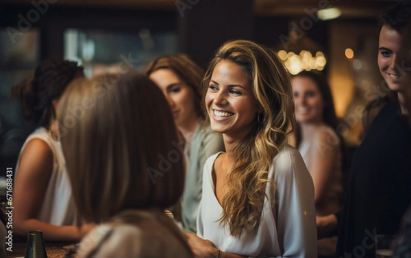 Fototapeta Beautiful gorgeous woman entrepreneur, networking event, talking to other women.