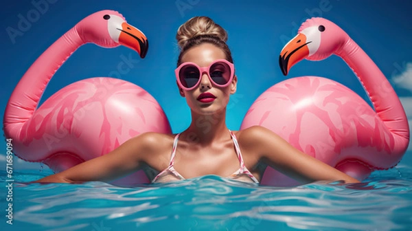 Obraz Woman with sunglasses, lying on a pink flamingo - shaped buoy in a swimming pool with a blue background