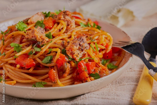 Fototapeta Sardine and spaghetti with vegetables in a tomato sauce and garnished with herbs.