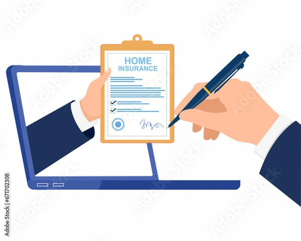 Obraz Man putting e signature into a home insurance document paper man signing an agreement or real estate insurance paper online Digital signature.