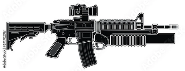 Obraz Vector drawing of an popular assault rifle with adjustable stock, optical sight and M203 grenade launcher on a white background. Black. Right side.