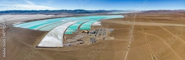 Fototapeta Panorama view of lithium fields / evaporation ponds in the highlands of northern Argentina, South America - a surreal, colorful landscape where batteries are born
