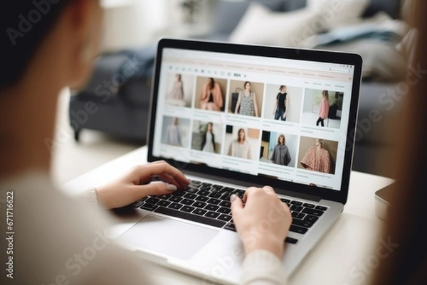 Fototapeta A woman is shopping for clothes with a laptop via an online store website.