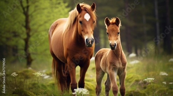 Fototapeta Cute Brown Baby Foal standing near its Mother