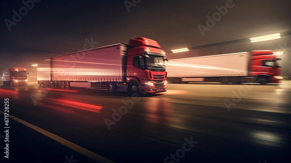 Obraz Trucks in a transport company on the move long exposure. at night. Generative AI