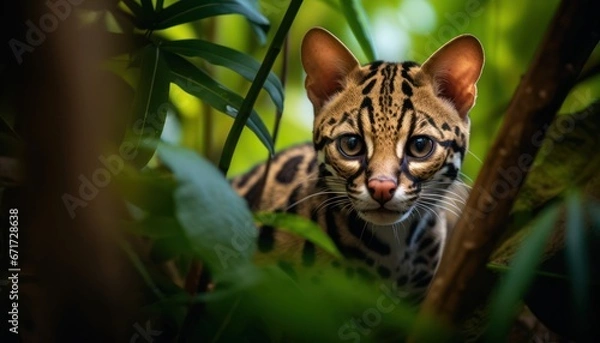 Obraz Photo of Close-Up of a Curious Margay Cat perched high in a Tree
