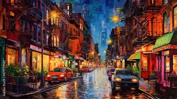 Fototapeta Vibrant cityscape painting with colorful buildings and a lively street at night. generative AI 