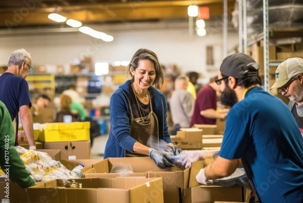 Fototapeta Volunteers of all ages working together at a local food bank, sorting and packing donations for those in need, radiating compassion and teamwork.